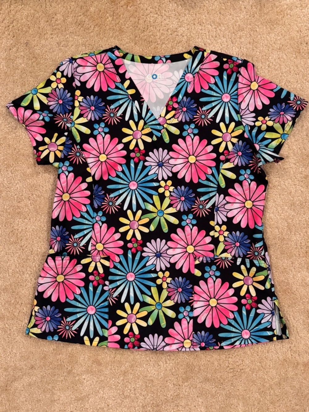 Floral V-Neck Scrub Top in Black with Multicolor Daisies